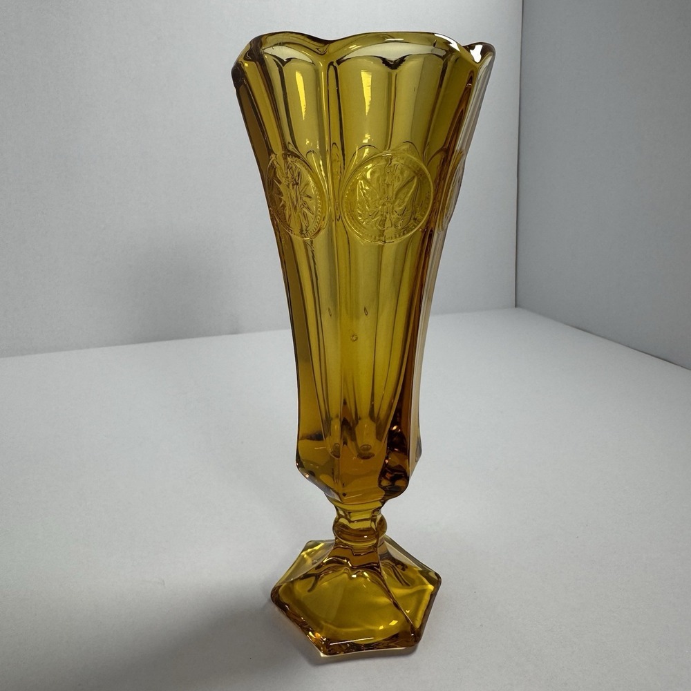 Vintage Fostoria Amber Coin Glass 8" High Footed Bud Vase 6-Coin Pattern 1372